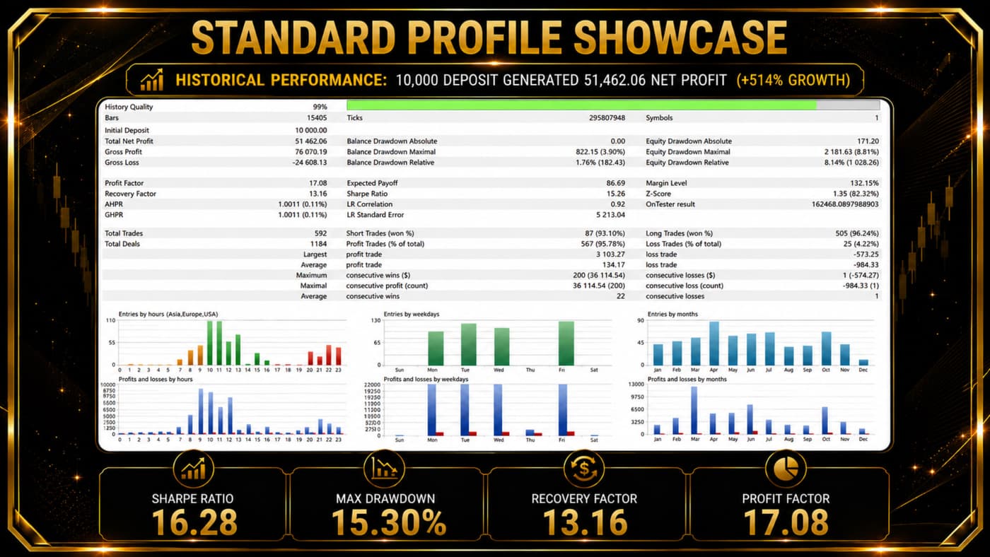Philippe Calibre 79 Standard profile MT5 backtest: $10,000 deposit generated $51,462.06 net profit (+514%)